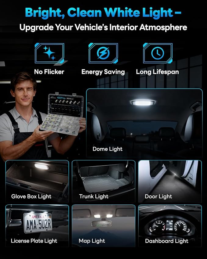48Pcs Led Interior Car Lights Kit, 6500K White Interior Bulbs Replacement (194 T10 DE3175 W5W 168 578 2825 T5 31mm 36mm 41mm), Dome Map Dash Door Trunk License Plate Lights for Cars Trucks RVs