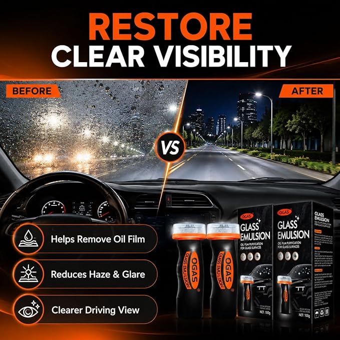 Glass Oil Film Remover for Car, 100ml Roll-On Glass Compound with Cleaning Board, Removes Oil Film & Smudges, Improve Windshield Clarity for Safe Driving