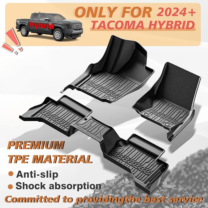 TripleAliners for Tacoma 2024 2025 2026 Double Cab Floor Mats (Fit Hybrid ONLY) All Weather Floor Liners Compatible with 2024+ Toyota Tacoma Accessories Front & Rear Mats Custom Fit(Not for Gasoline)