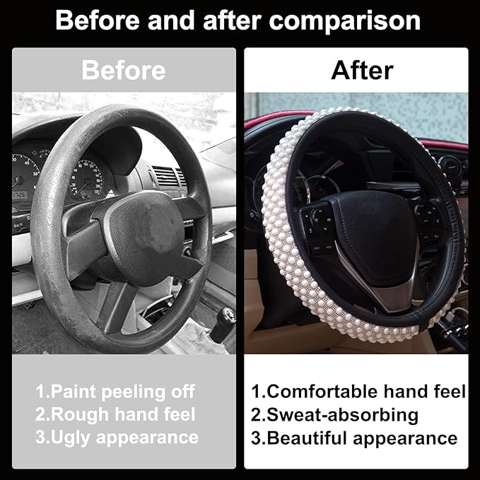Leather Bling Steering Wheel Cover Women Rhinestone White Soft Comfortable Glitter Sparkly Universal 15 inch Steering Wheel Cover Non-Slip Car Accessories