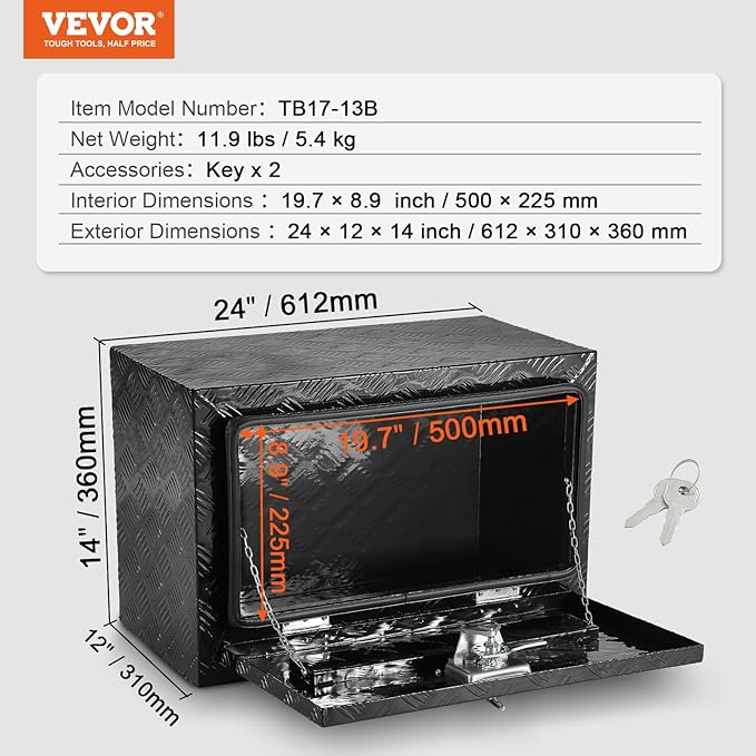 VEVOR Underbody Truck Box, 24" x 12" x 14" Pickup Storage Box, Heavy Duty Aluminum Diamond Plate Tool Box with Lock and Keys, Waterproof Trailer Storage Box with T-Handle Latch for Truck, Van, Trailer