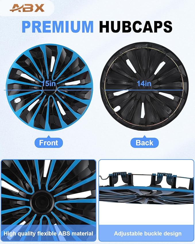 ABX Hubcap Wheel Covers Hub Caps 15 Inch Set of 4 Black & Blue Universal Wheel Rim Cover R15 Stylish Car Decor Wheel Covers for Toyota Camry Nissan Mazda (TT Black & Blue, 15 inch)