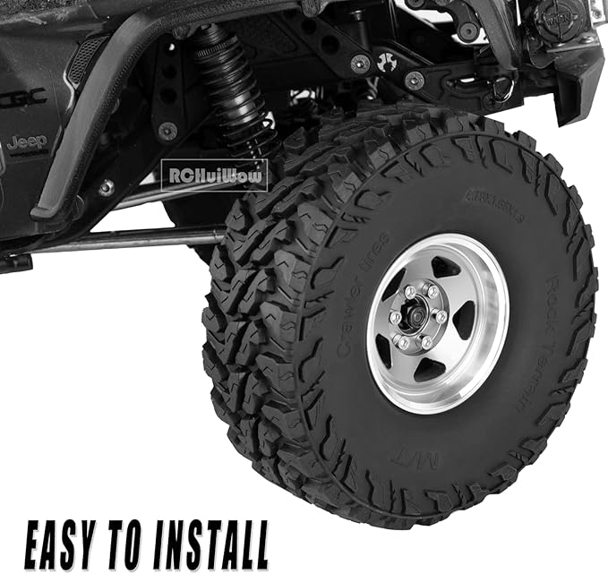 RC Alloy 1.9" Beadlock Wheels and Tires for 1/10 RC Crawler TRX4 SCX10 SCX10 III 90046 D90,1.9 RC Wheels and Tires 1.9 Beadlock Tires RC Rims,4 Packs,Silver
