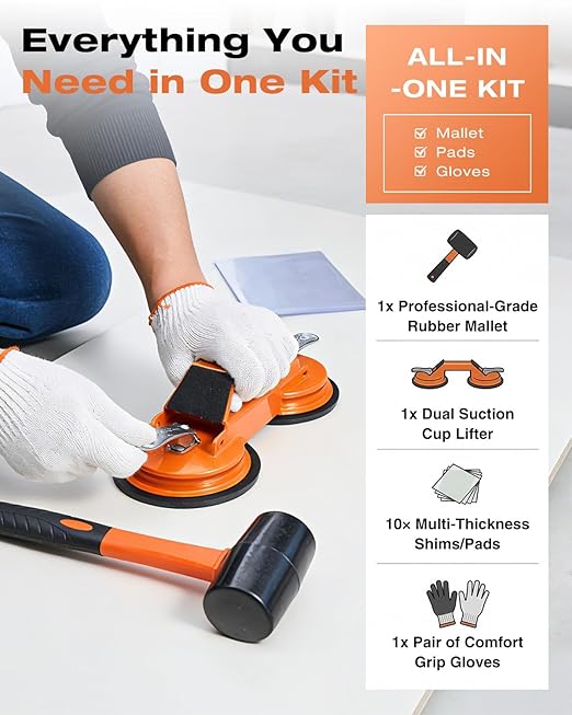 Saker Floor Gap Fixer Tool Kit with Mallet, 10PCS Washable Pads & Gloves, Suction Cup Tool for Laminate Floor Gap Repair, Vinyl Plank & Wood Floors (Dual Suction Cup+Rubber Mallet)