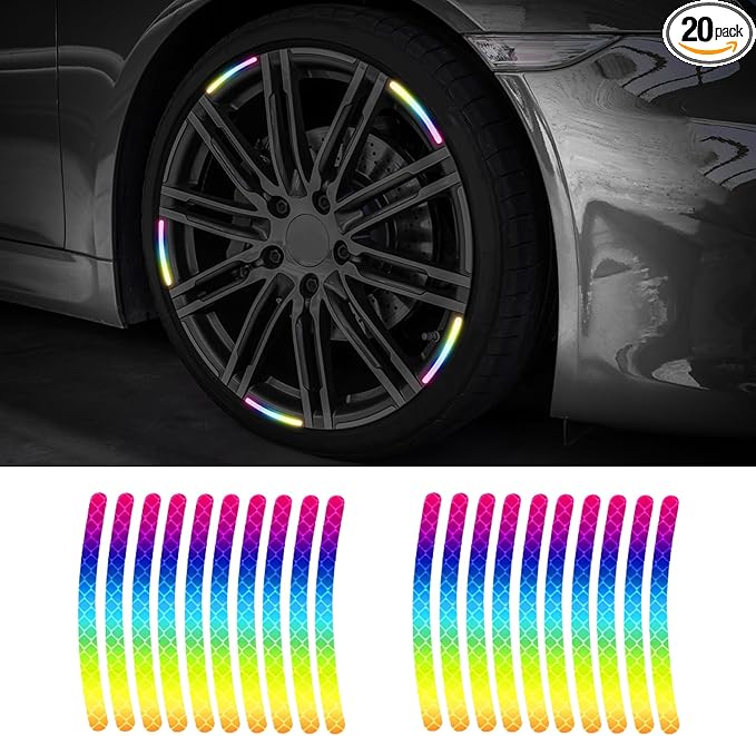 20PCS Reflective Car Wheel Decorative Stripe Stickers, Night Safety Warning Tape Sticker, Anti-Scratch Tire Rims Sticker, Universal Car Exterior Accessories Fluorescent Auto Decals for Motocycle Bike