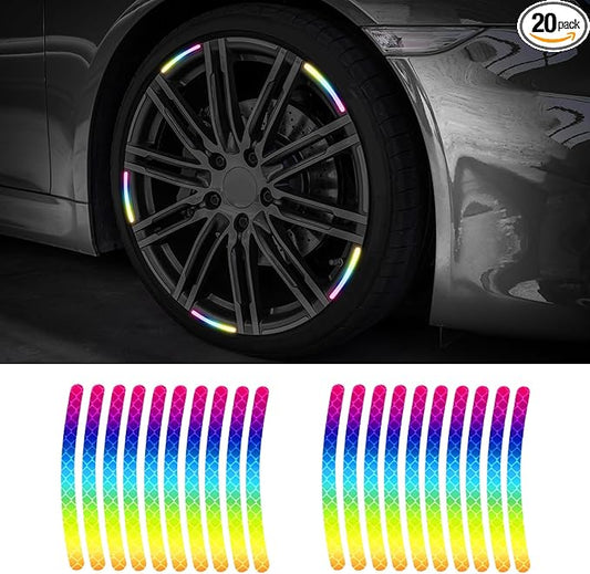 20PCS Reflective Car Wheel Decorative Stripe Stickers, Night Safety Warning Tape Sticker, Anti-Scratch Tire Rims Sticker, Universal Car Exterior Accessories Fluorescent Auto Decals for Motocycle Bike