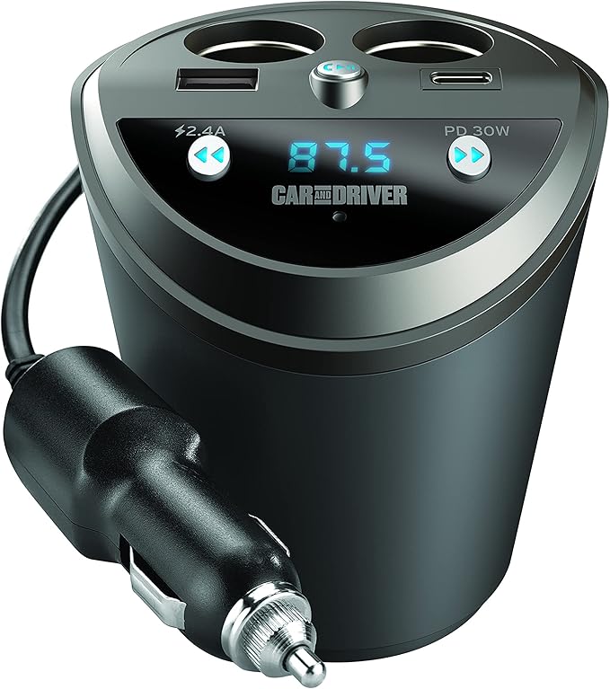 Car and Driver Smart FM Transmitter Bluetooth Cup Holder, Compatible with Alexa, Siri, and Google Assistant for Car, Dual USB-A and USB-C PD Fast-Charging Ports and Cigarette Lighter 12V Power Sockets
