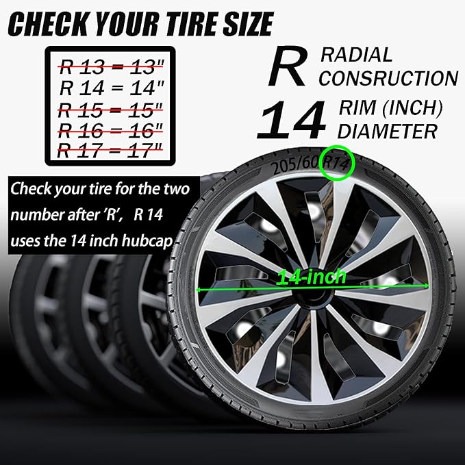 Hubcaps Wheel Covers Replacement R14 Size Hub Cap Universal-Fit Steel Wheel Rim Caps ABS Tire Cover Snap on Most Car Truck SUV Sedan -Set of 4（14-inch，Silver-Black）