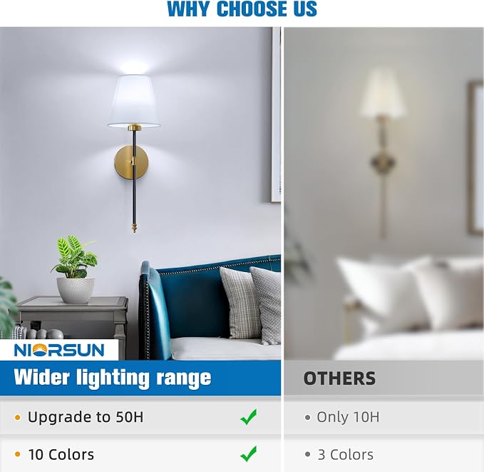 NIORSUN 19.9 inch Battery Operated Wall Sconce Set of 2,Black-Gold Rechargeable Wall Lights with 10400mAh Dimmable Detachable Bulbs and Remote, Wireless Sconces for Bedroom Living Room Hallway