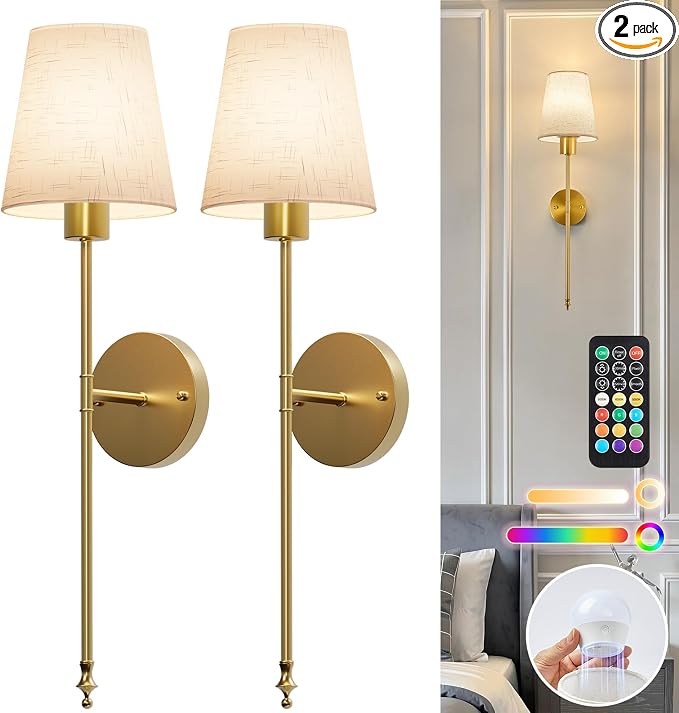 Brightown Battery Operated Wall Sconce Set of 2,Wireless Rechargeable Wall Lights with Dimmable Magnetic Bulbs and Remote for Living Room，12 Colors Linen Wall Lamp for Bedroom Hallway Decor
