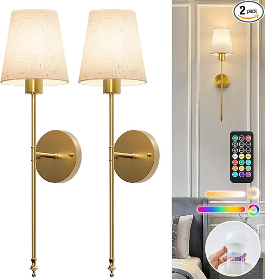 Brightown Battery Operated Wall Sconce Set of 2,Wireless Rechargeable Wall Lights with Dimmable Magnetic Bulbs and Remote for Living Room，12 Colors Linen Wall Lamp for Bedroom Hallway Decor