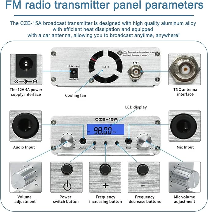 15W FM Transmitter, Long Range FM Broadcast Transmitter for Churches, Cars, Shopping Malls, Lecture Halls, Private Radio Stations with 3.5mm Mic Jack (15W)