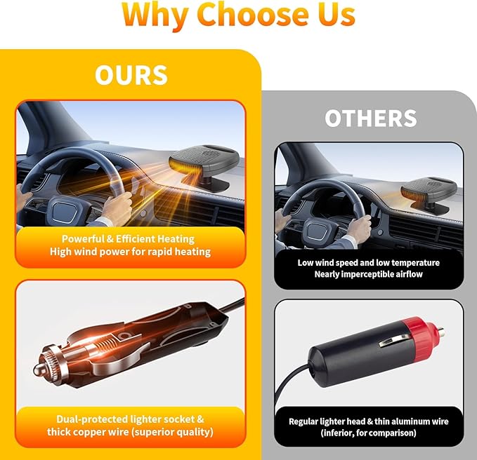 12V Portable Car Heater & Defroster – 120W Turbo Fast Heating/Cooling, 360° Adjustable, Plug & Play for Cars/SUVs/RVs – Dual Defog & Fog-Free Driving-grey