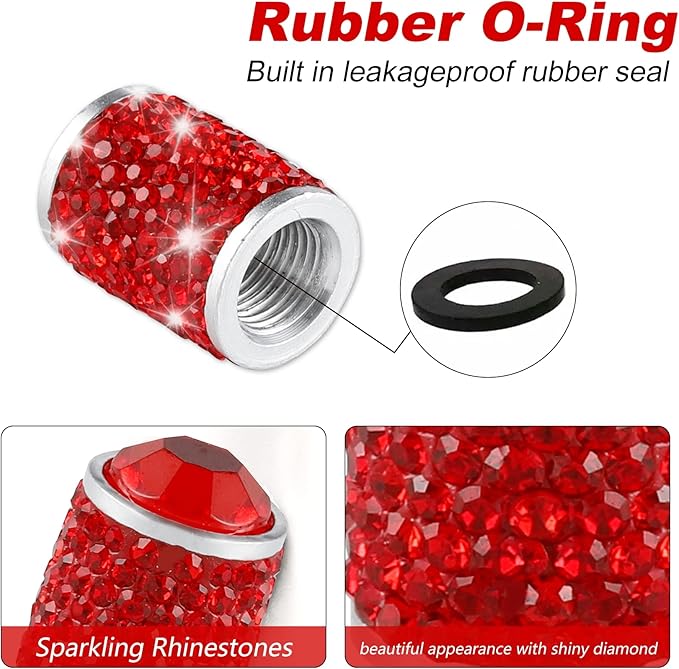 Alpmosn Car Wheel Tire Valve Caps, 4 PCS Bling Tire Valve Caps, Crystal Tire Caps Shinny Rhinestone for Women, Universal Car Dustproof Tire Valve Caps for Cars, Trucks, SUV and Motorcycles (Red)