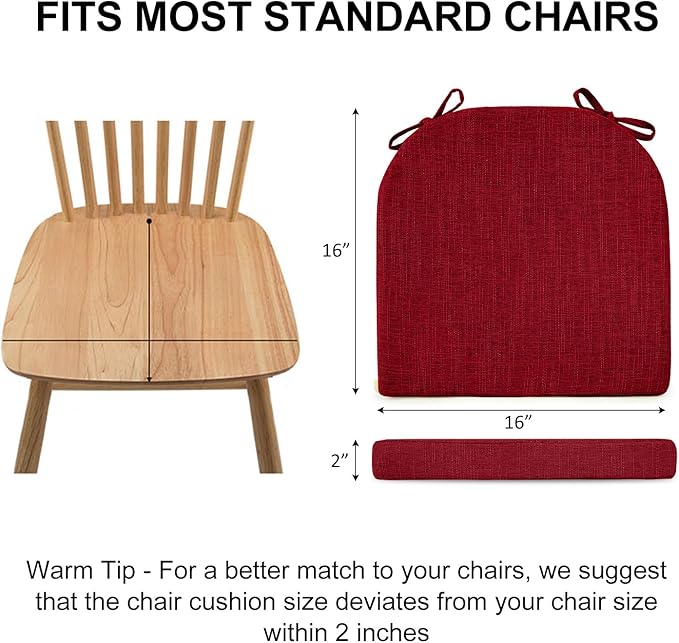 Wellsin Chair Cushions for Dining Chairs 4 Pack - Kitchen Chair Cushions with Ties and Non-Slip Backing - Dining Chair Pads 16"X16"X2", Red
