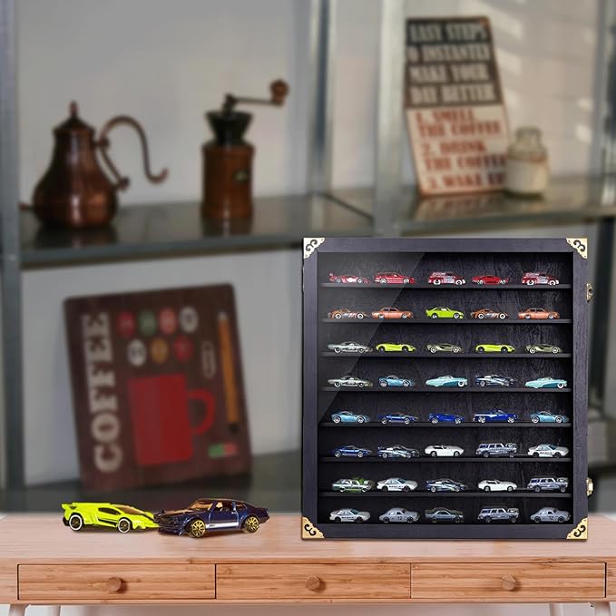 Giant Hotwheels Display Case with Wall Mounts,Display up to 80 Cars ,Model Hot Toy Cars Storage Organizer,15.7*2.75*16.7 Inches,UV Protection Acrylic Glass Door,Gold Lock,Black