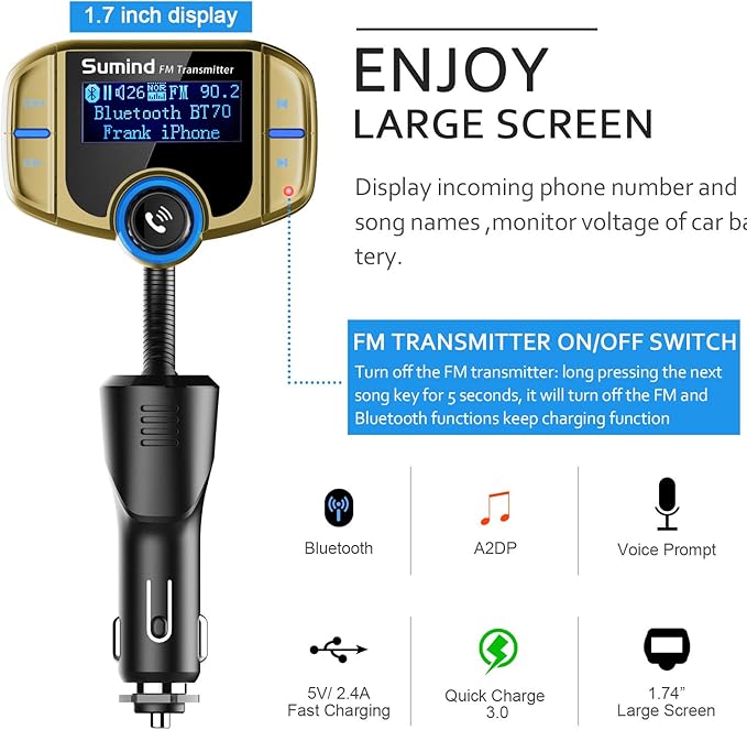 Sumind 2026 Upgraded Wireless Bluetooth Car Adapter FM Transmitter, 1.7'' LCD Display, Flexible Gooseneck, 20W QC3.0&Dual USB Ports, AUX Input/Output for Hands-Free Call, Micro/TF Card(Golden,Normal)