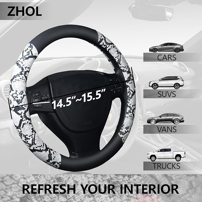 ZHOL Snake Skin Steering Wheel Cover, Universal 14.5-15 inch Breathable Microfiber Leather Anti-Slip Car Steering Wheel Protector for Women Men, Black&White