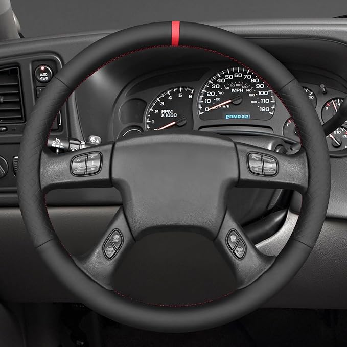 MEWANT Hand Stitched Steering Wheel Cover for Chevy Silverado 1500 2003-2006 Black Genuine Leather Steering Wheel Wrap