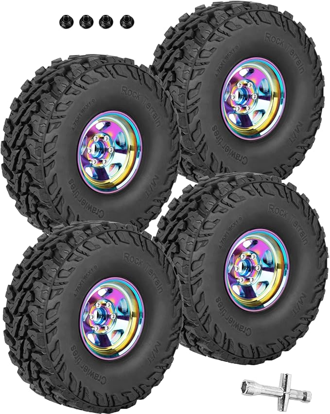 RC Alloy 1.9" Beadlock Wheels and Tires for 1/10 RC Crawler TRX4 SCX10 SCX10 III 90046 D90,1.9 RC Wheels and Tires 1.9 Beadlock Tires RC Rims,4 Packs,Rainbow