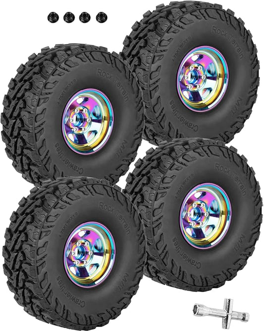 RC Alloy 1.9" Beadlock Wheels and Tires for 1/10 RC Crawler TRX4 SCX10 SCX10 III 90046 D90,1.9 RC Wheels and Tires 1.9 Beadlock Tires RC Rims,4 Packs,Rainbow