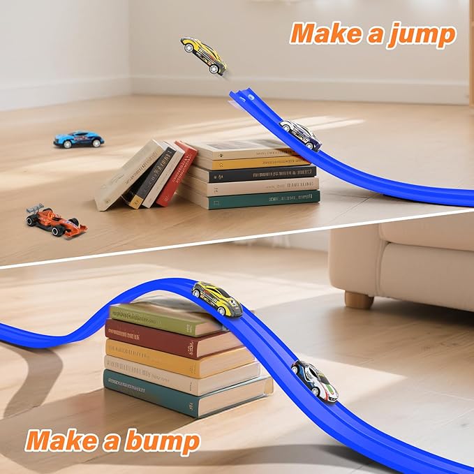 KETIEE Flex Tracks 16Ft for Kids: Flexible Race Car Ramp Track with 4 Small Racecars and 8 Suction Cups Compatible with Diecast 1/64th Cars, Rolls Up Portable Racetrack for Ages 3 & Up