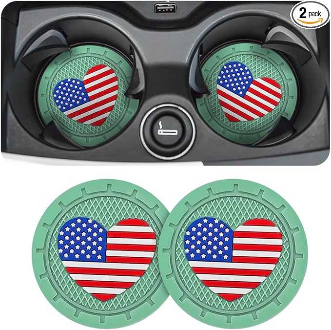 AUCELI 2 Pack Car Cup Holder Coasters, Colored American Flag US Flag Insert Car Cup Coaster, 2.75 Inch Anti Slip Shockproof Embedded Drink Mat, Vehicle Interior Decor Accessories