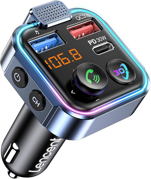 LENCENT Bluetooth 5.3 FM Transmitter, Wireless Radio Adapter Car Kit with Type-C PD 30W+ QC3.0 Fast USB Charger, Hands-Free Calling, Audio Stereo Mp3 Player Receiver, Supports U Disk, Color Light
