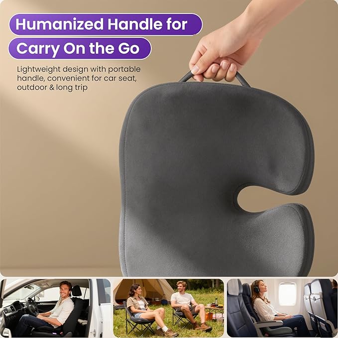 ZZ-WELL Seat Cushions for Office Chairs, Car Seat - Patented Coccyx Cushion for Tailbone Pain - Memory Foam Butt Cushion for Pressure Relief - Carry Handle & Non Slip Bottom (Grey)