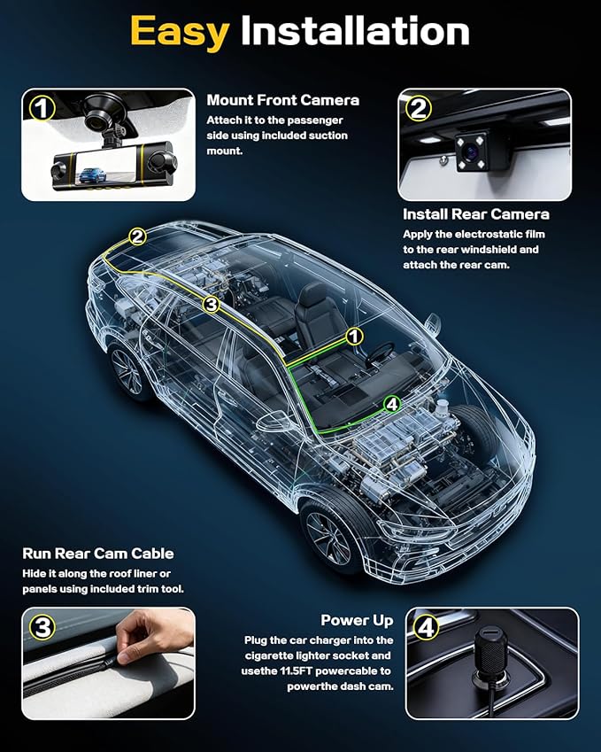 4 Channel 360° Dash Cam Front Rear Inside and Left Right, 4K+1080P*3 FHD Car Camera, 5GHz WiFi and App Control, 24H Parking Mode, 8 IR Lamps Night Vision, Includes 64GB SD Card, Black