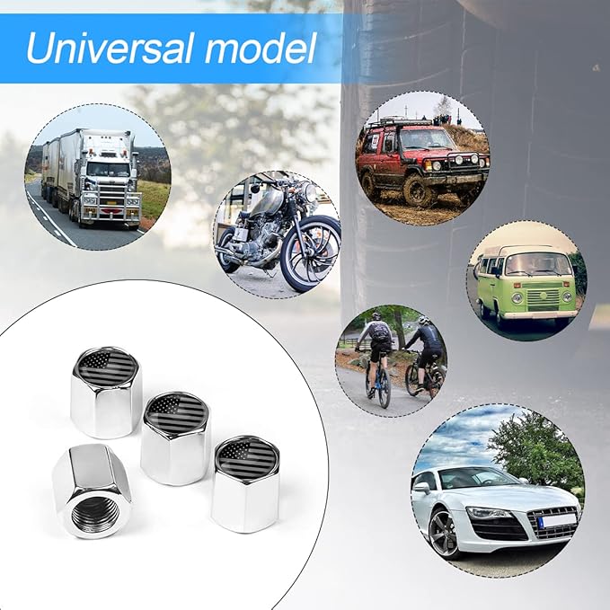 American Flag Tire Valve Stem Caps - 4Pack Anti-Rust Airtight Rubber Seal Universal Valve Stem Covers for Vehicles, Bicycles, Trucks, Motorcycles, Car Accessories (Silver/Gray)