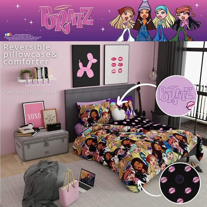 Bratz Fashion Bedding 7 Piece Super Soft Reversible Comforter and Sheet Set with Sham, Full, (100% Official Licensed Product) by Franco