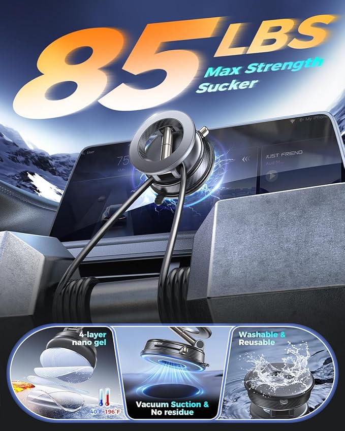 2026 Upgraded Vacuum Magnetic Car Phone Holder, 85LBS Strongest Suction & 2600gf Magnetic for Magsafe Car Mount, 360° Adjustable Foldable Cell Phone Holders for Your Car for iPhone 17 Pro Max 16 -Grey