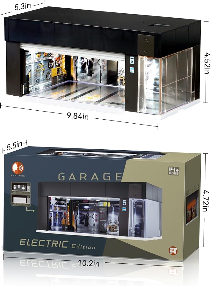 1/64 Scale Diecast Display Case for Hot Wheel Storage with LED Lights, Stackable Electric Garage with Voice Control, 3 Replaceable 3D Scenes Parking Lot Diorama for Model Cars (Black)