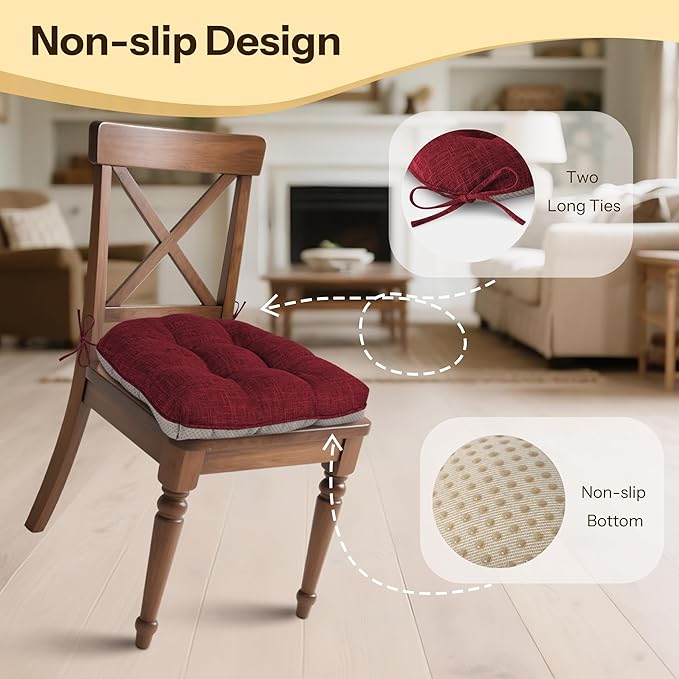 Non Slip Chair Cushions for Dining Chairs Set of 4 Kitchen Chair Cushions 18"x18"x3" Turfted Chair Pads Comfortable and Soft Seat Cushion with Ties, Red