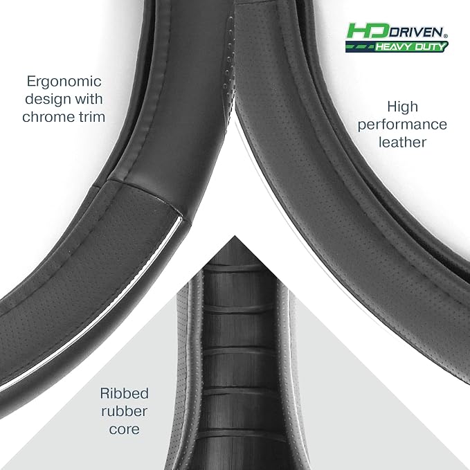 HD Driven SWC Premium Black Leather Steering Wheel Cover with Massage Grip – 18” Diameter for Semi-Trucks, Ribbed Rubber Core & High-Performance Leather, Vehicle Accessories