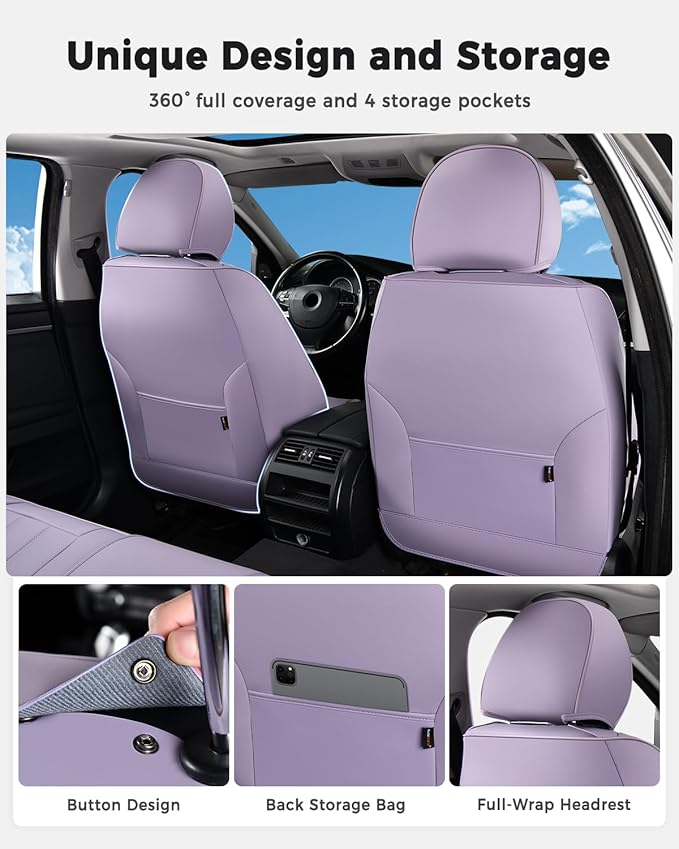 Huidasource Leather Car Seat Covers Full Set, Full Coverage Universal Fit for Most Cars SUVs Trucks, Easy Install with Velcro, Airbag Compatible, Retains Seat Functions & Cupholders, Purple