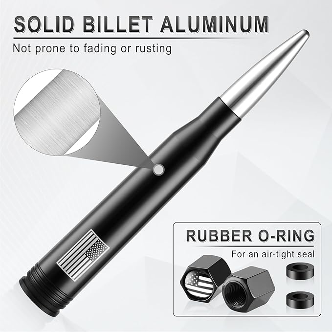 BJSIA American Flag Antenna for Truck with Valve Stem Caps - Universal Compatible with Ford, Dodge, Chevrolet, GMC, Jeep, Toyota Truck Car Accessories, Heavy Duty Pickup Trucks Accessories - Silver