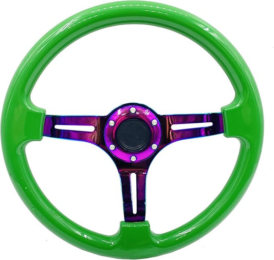 350mm Green Racing Steering Wheel Neo Chrome Spoke Universal 6 Bolts 45mm Deep Dish Classic ABS Wood Steering Wheel with Horn Button