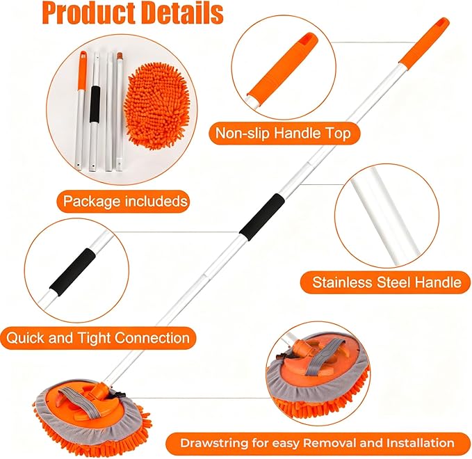 62" Car Wash Brush with Long Handle Car Cleaning Brush Kit Car Cleaning Supplies Kit Car Washing Duster Tools Accessories, 1 Chenille Scratch-Free Replacement Head Aluminum Alloy Pole (Orange)
