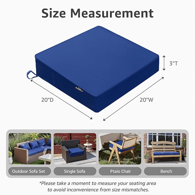 PatioGlow Outdoor Chair Cushions 22 x 22 x 3 Inch, Waterproof & Fade Resistant Patio Seat Cushion for Furniture with Handle and Ties, Thick Seating Pads for Outside Sofa Couch Set of 2, Blue