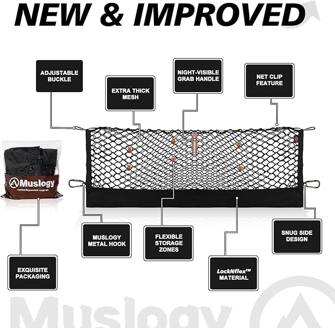 Muslogy Truck Bed Cargo Net Trunk Netting Compatible with 2021-2026 Chevy Suburban&Tahoe|GMC Yukon&Yukon XL| Escalade Accessories, Pickup Cargo Organizer SUV Sedan Storage Net w/Heavy Duty Carabiners