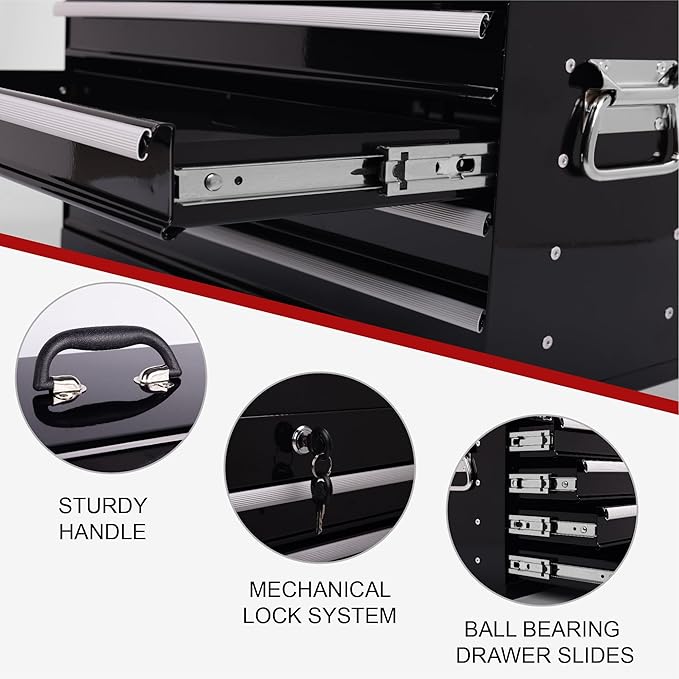 21" Portable 4 Drawer Steel Toolbox, 5 Layers of Tools with Metal Latches, with Top Storage Tray and Carrying Handle, Multi-Function Tool Chest for Garage, Home,or Workbench（black）
