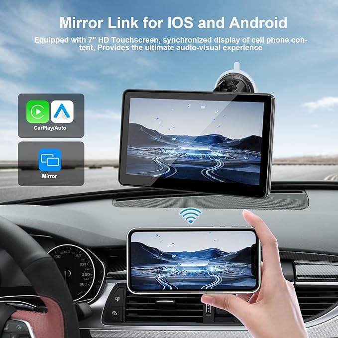 Portable Wireless CarPlay Screen for Car, 7" HD Touch Screen for Car with CarPlay and Android Auto, Pantalla para Carros with Bluetooth/AUX/FM Transmitter/Voice Control/Navigation for All Vehicles