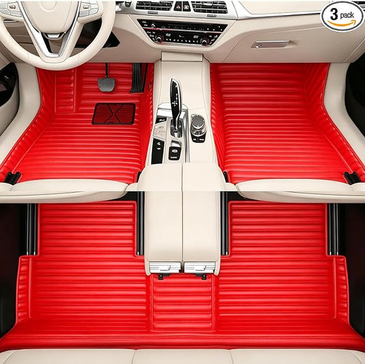 Custom Text + Image Car Mats, One-of-a-Kind Personalized Leather Floor Liners, All-Weather Full Set for Sedan SUV Truck Van(Red)