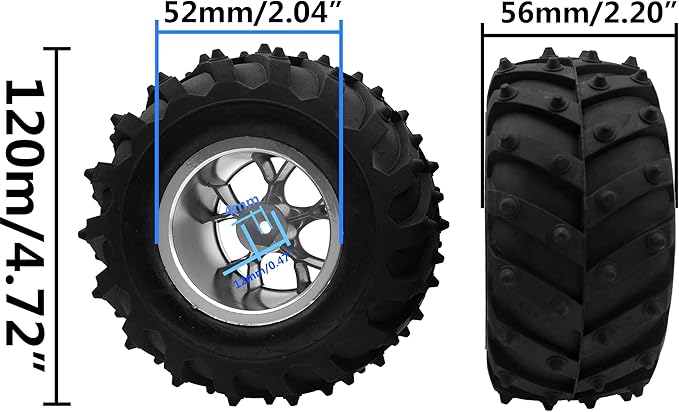 4.72''OD Rubber Tires & Wheel Rim 12mm Hex Hub Compatible with RedCat Volcano Traxxas Rustler HPI HSP Tamiya Exceed Himoto 1/10 Off-Road Monster Truck,120mmx56mm (Silver)