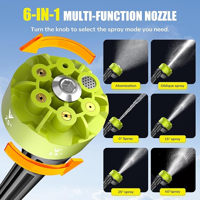 YKYI Cordless Water Spray Cleaning Tool, Battery Powered with 30 Speed Levels, Handheld Portable Sprayer with 6-in-1 Nozzle, 24FT High-Elastic Hose for Car, Garden, Patio Cleaning (Silver Gray)