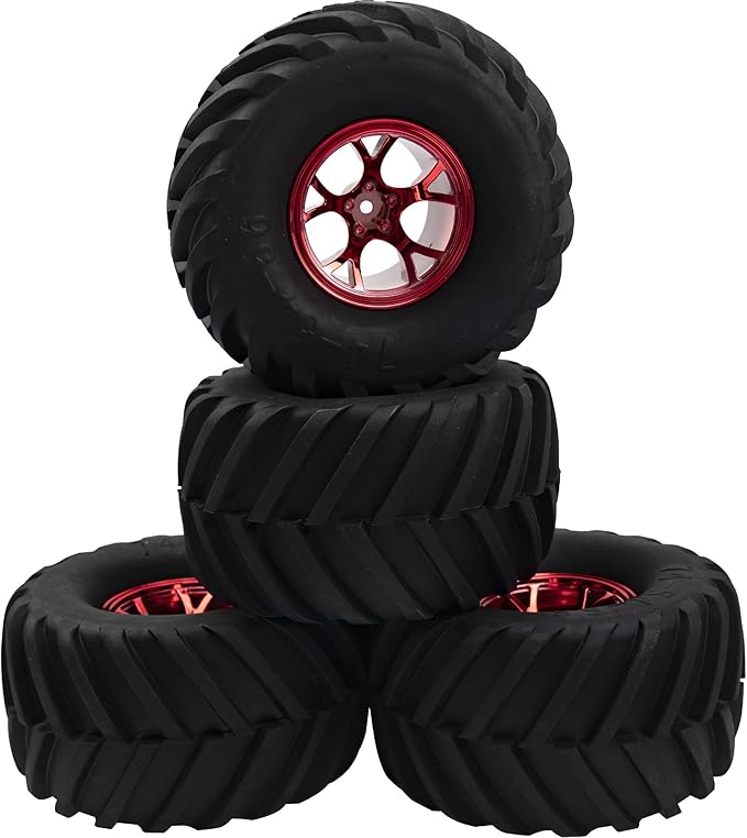 5.31''OD Rubber Tires & Wheel Rim 12mm Hex Hub Compatible with Traxxas Rustler HPI HSP Volcano Tamiya Exceed Himoto 1/10 Off-Road Monster Truck,135mmx73mm (Red)