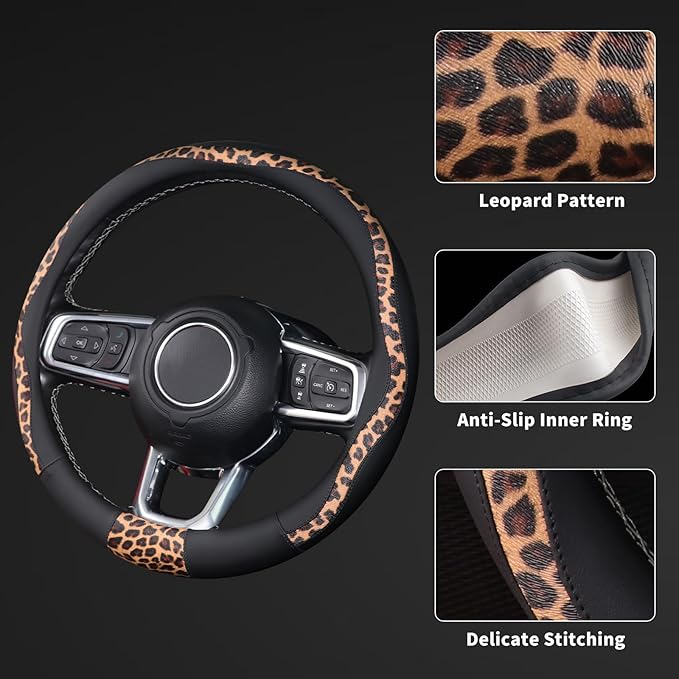 Leopard Steering Wheel Cover, Breathable Microfiber Leather Universal 14.5-15 inch for Most Automotive Steering Wheel Cheetah Print, Black