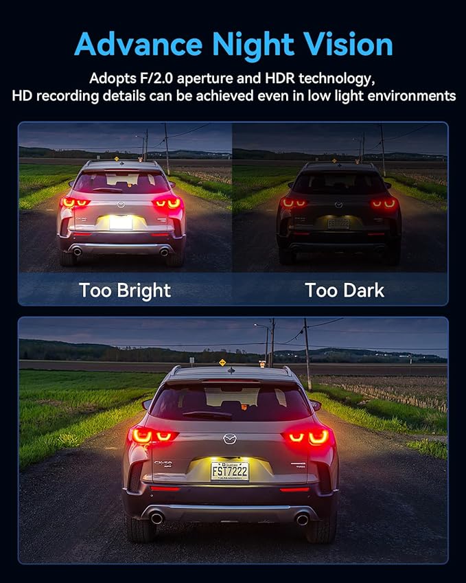 3 Channel Dash Cam Front and Rear Inside, Bulit a 32GB Card, Dash Camera for Cars,4K Full HD 2.0'' IPS Screen Dashcam with G-Sensor, IR Night Vision, WDR, Loop Recording, 24H Parking Mode